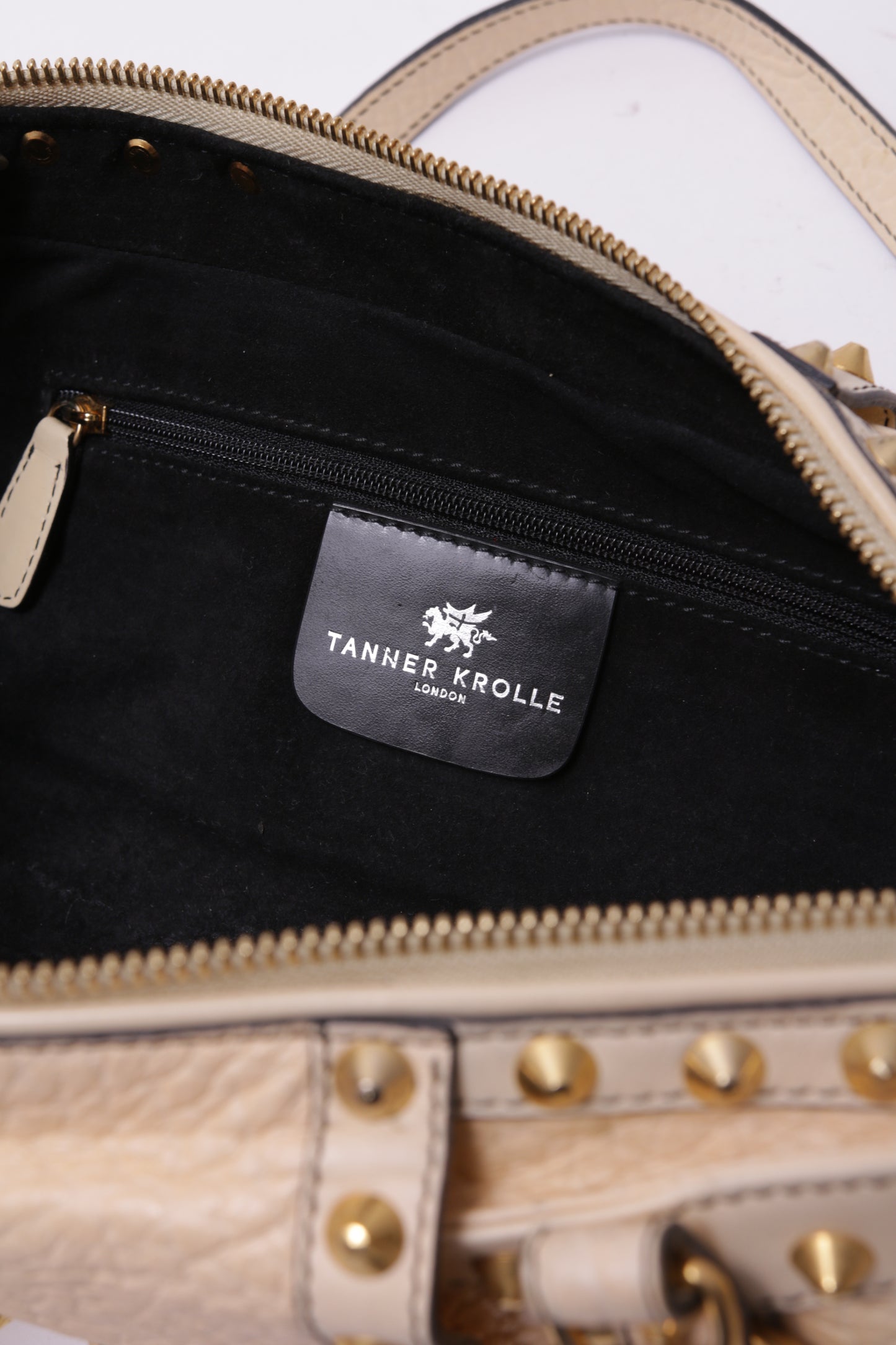 Tanner Krolle wide leather handbag with gold studs