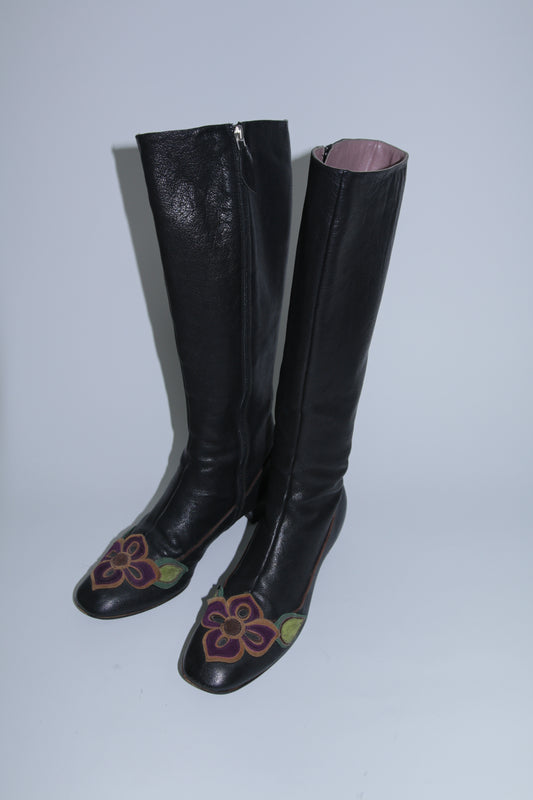 Miu Miu long leather boots with handmade leather flowers