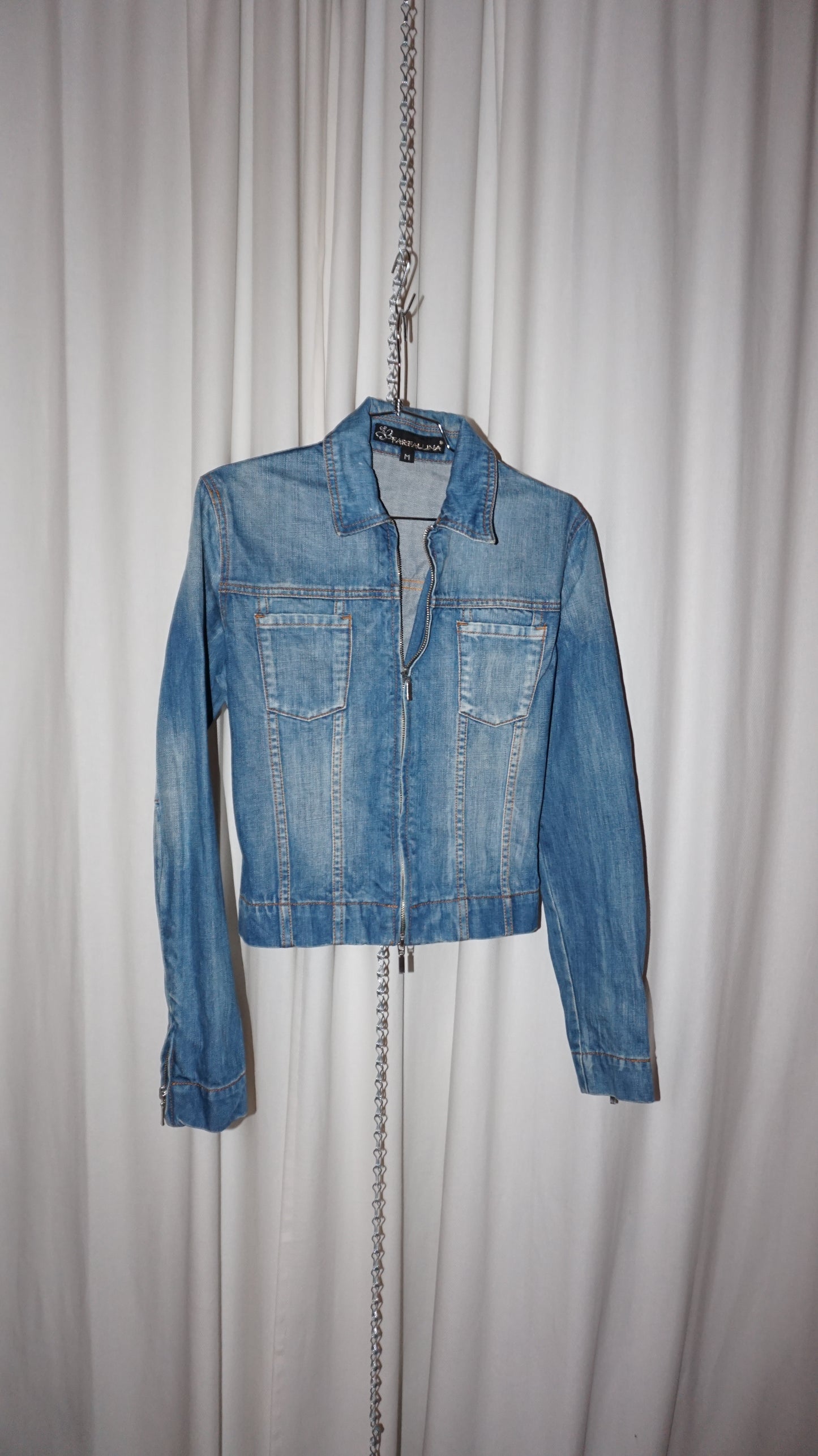 Double zipper jacket in blue washed denim