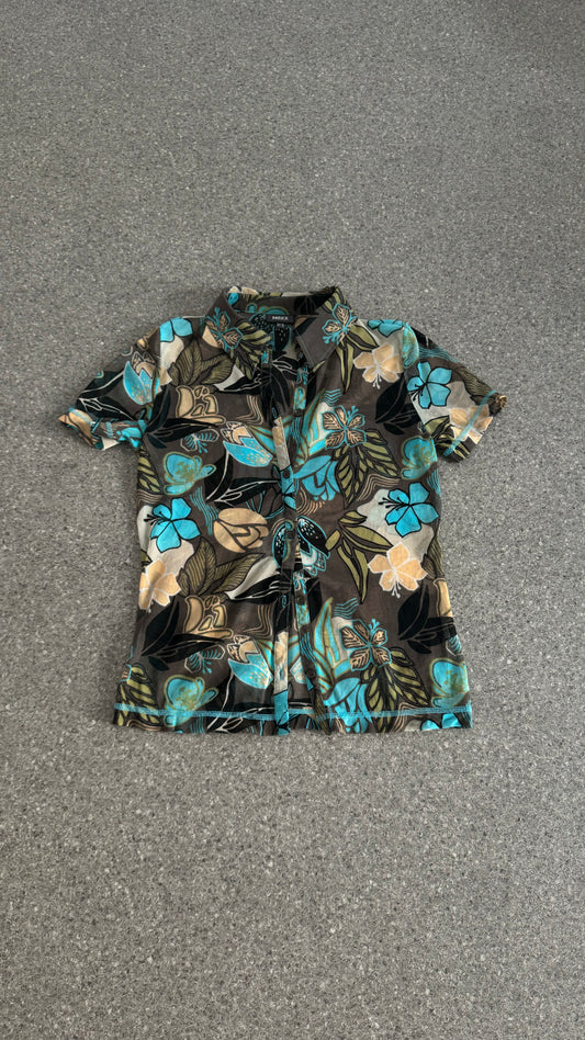 jungle colorful printed mesh button up t-shirt