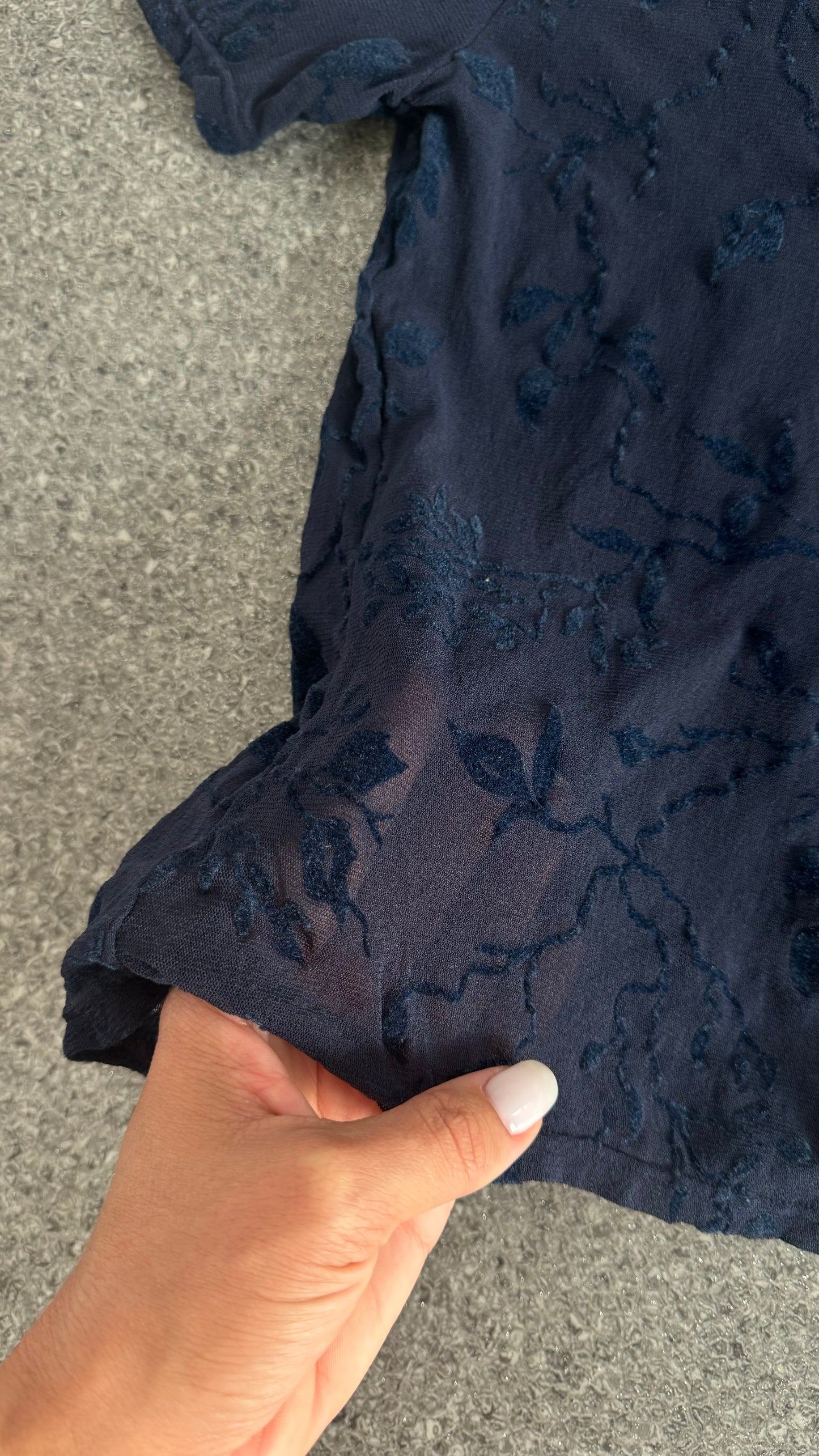 Delicate mesh with velvet flock print in dark blue