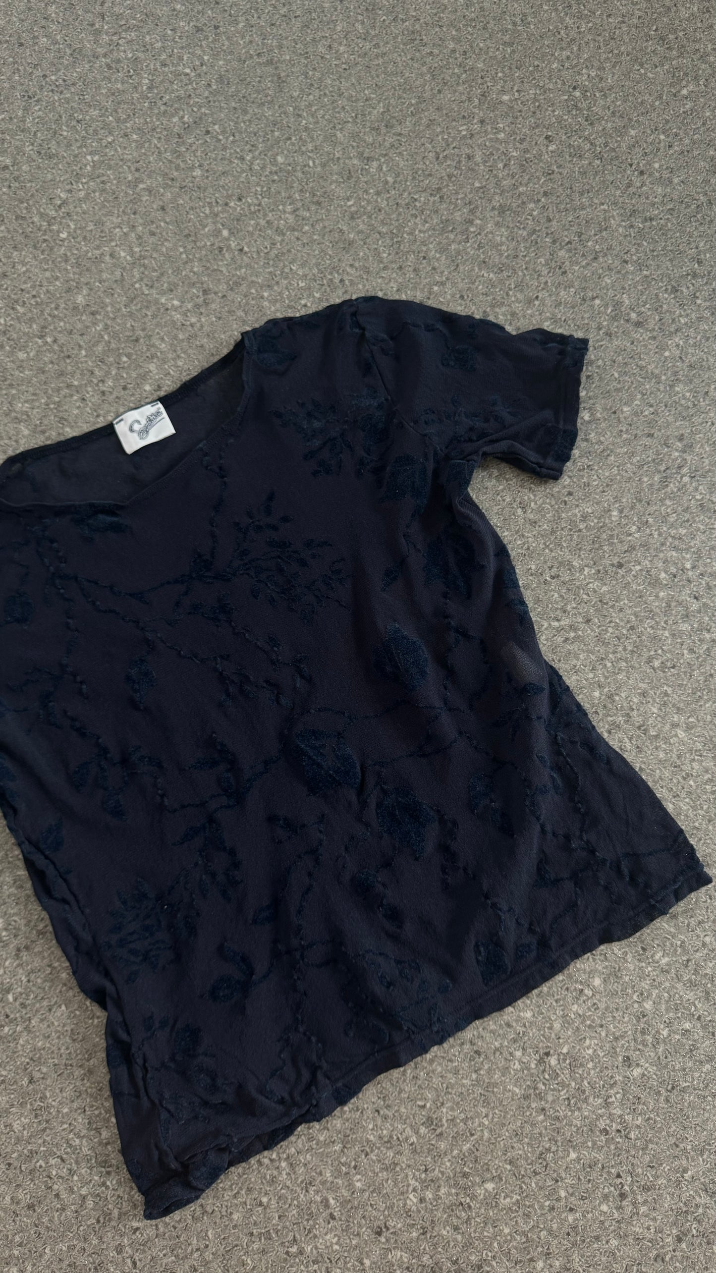 Delicate mesh with velvet flock print in dark blue