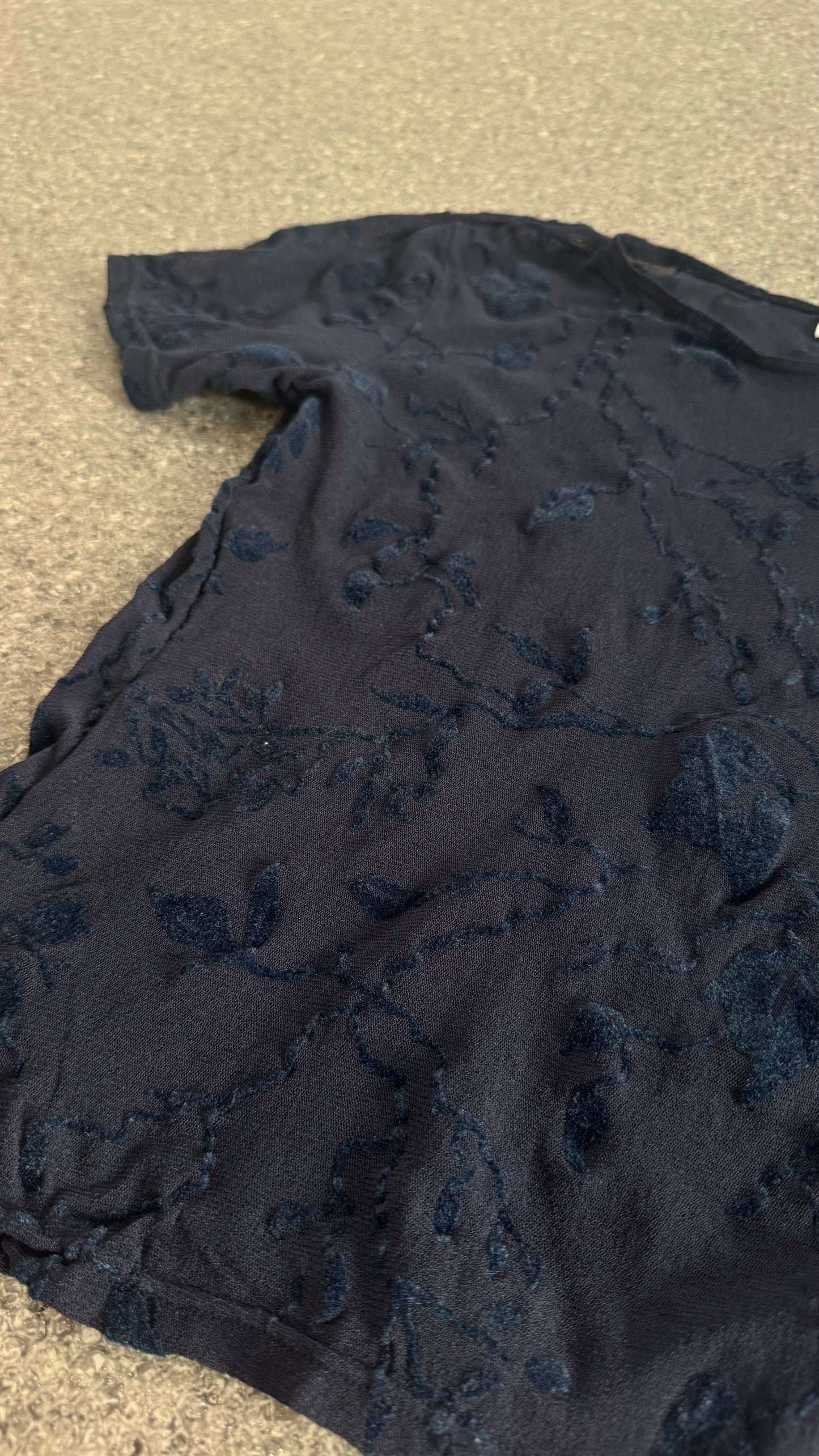 Delicate mesh with velvet flock print in dark blue