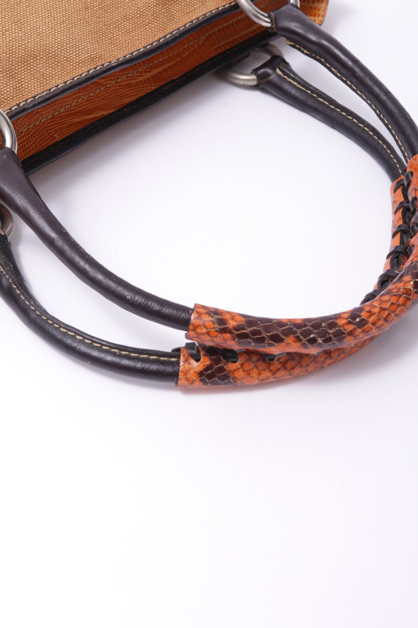 Etro canvas and orange snake skin handle