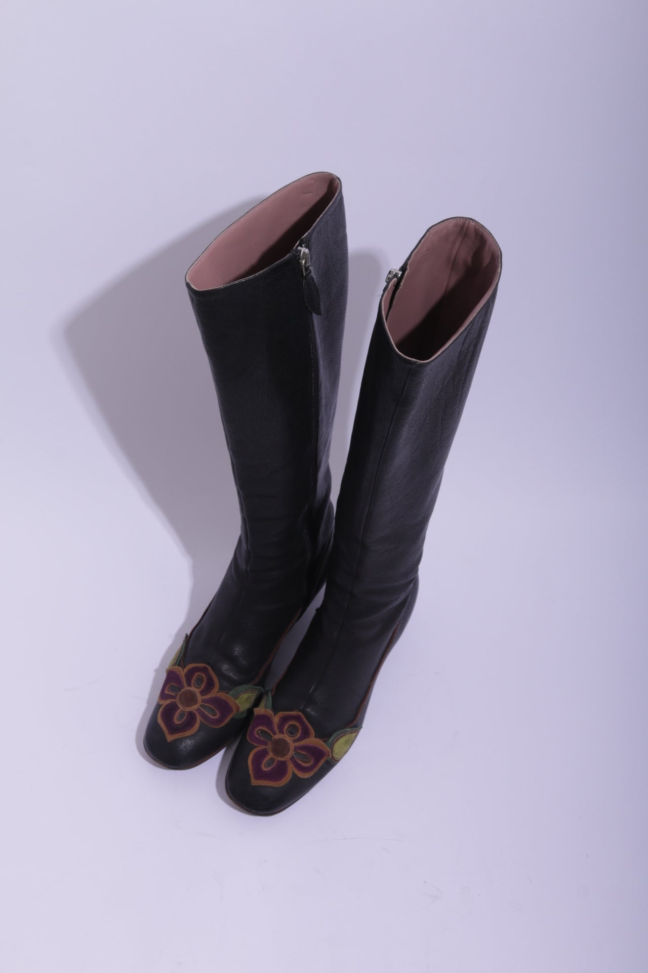 Miu Miu long leather boots with handmade leather flowers