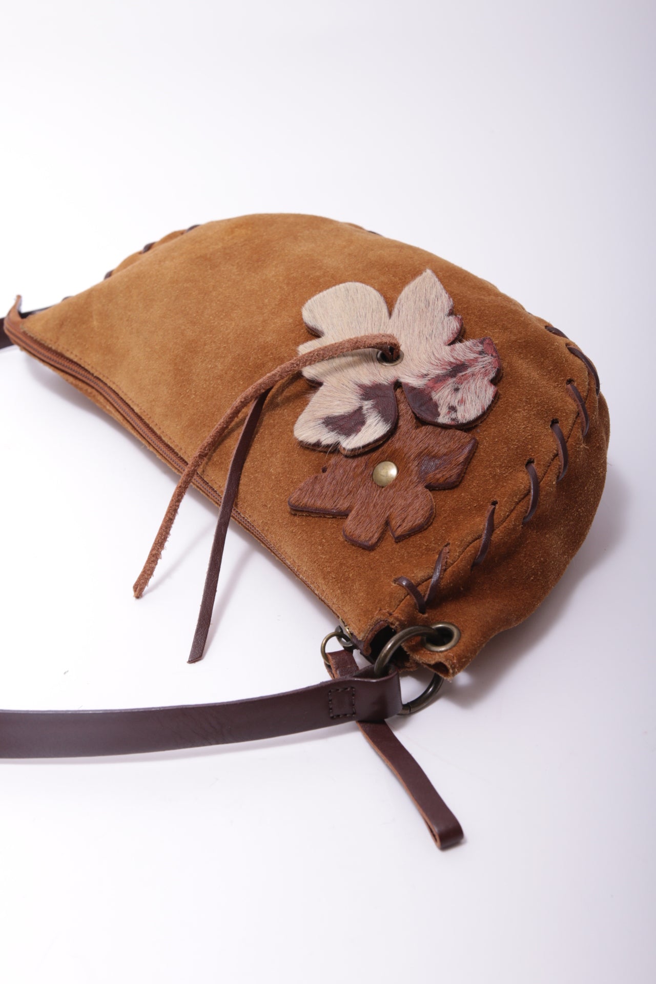 90's Coccinelle suede cross body bag with handmade leather flowers