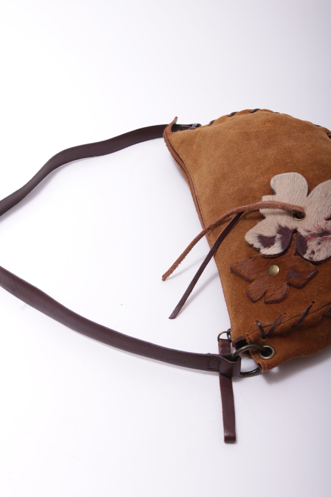 90's Coccinelle suede cross body bag with handmade leather flowers