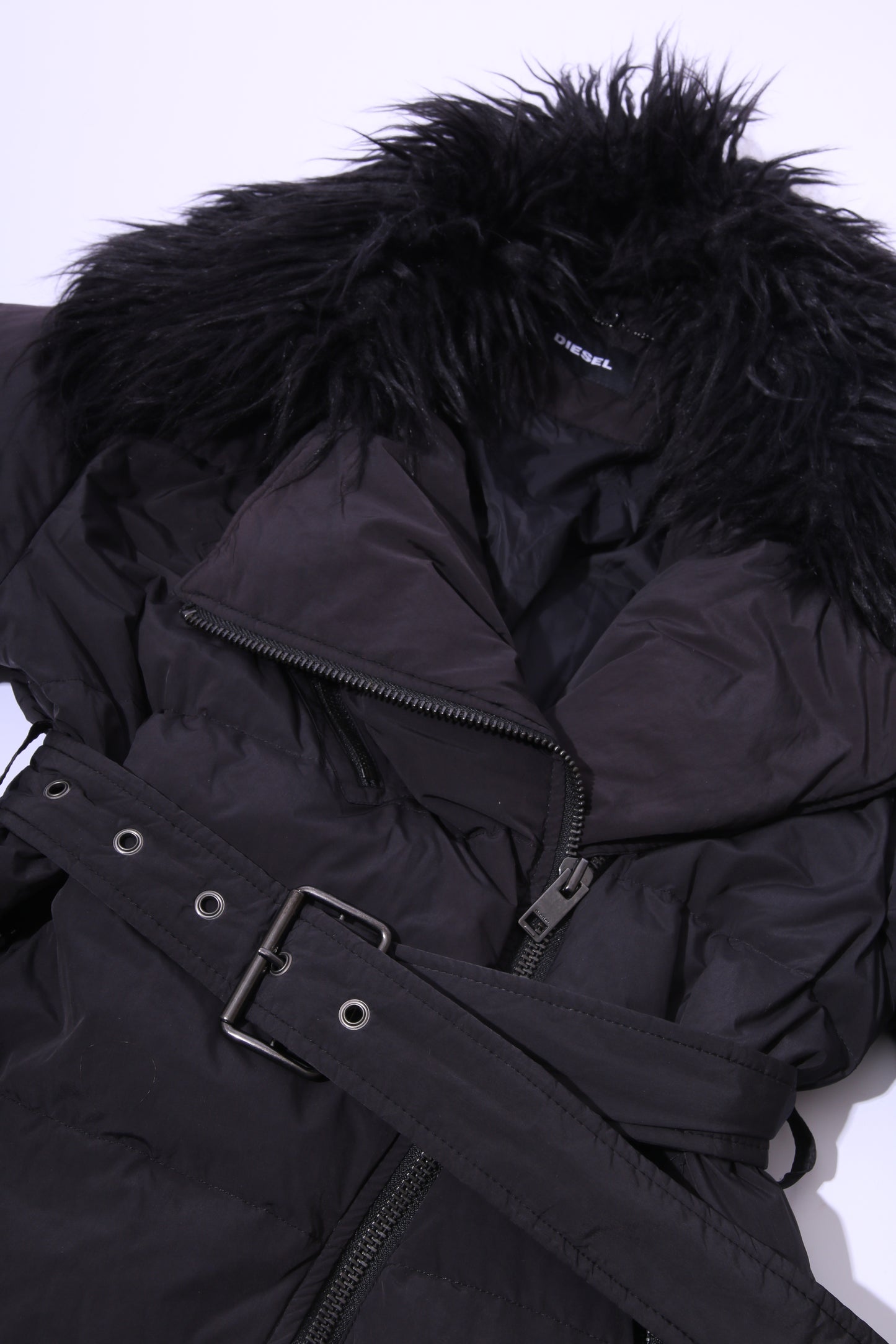 Diesel nylon puffer coat with faux fur collar