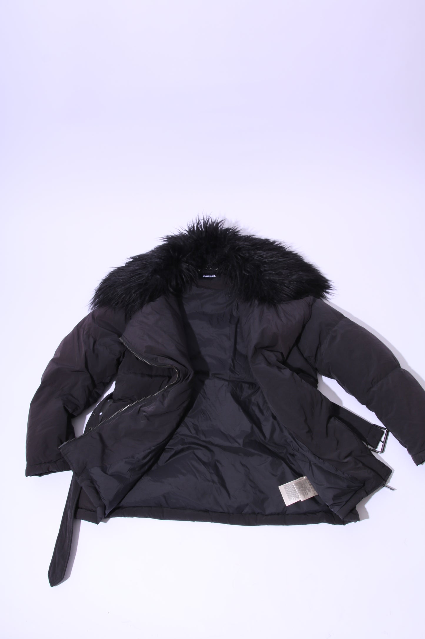 Diesel nylon puffer coat with faux fur collar