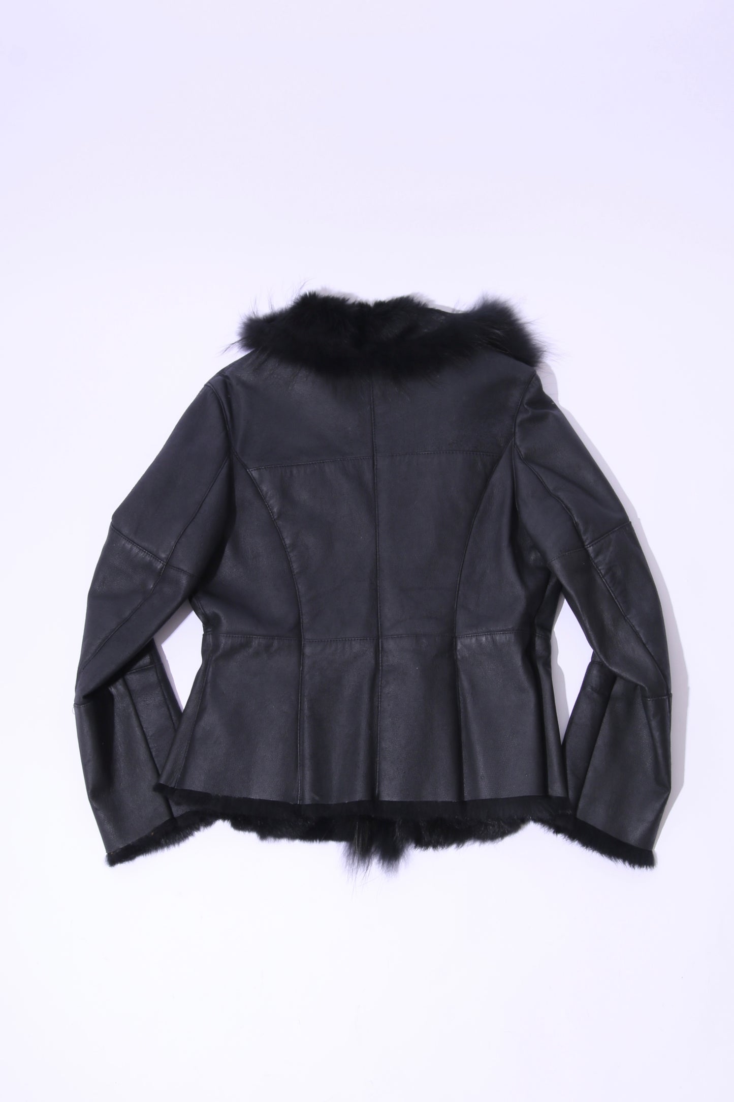 Black leather and rabbit fur coat