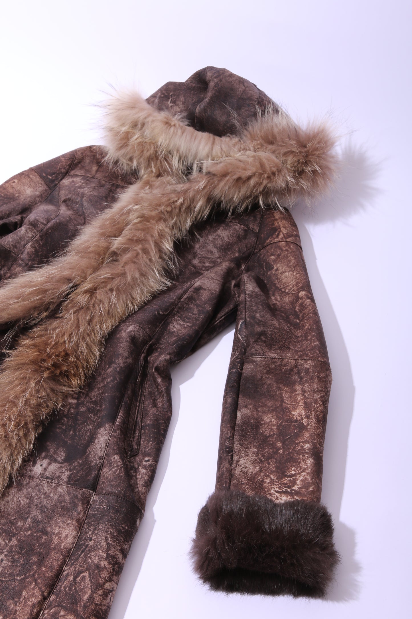 Printed leather long coat with inner rabbit fur and fur collar