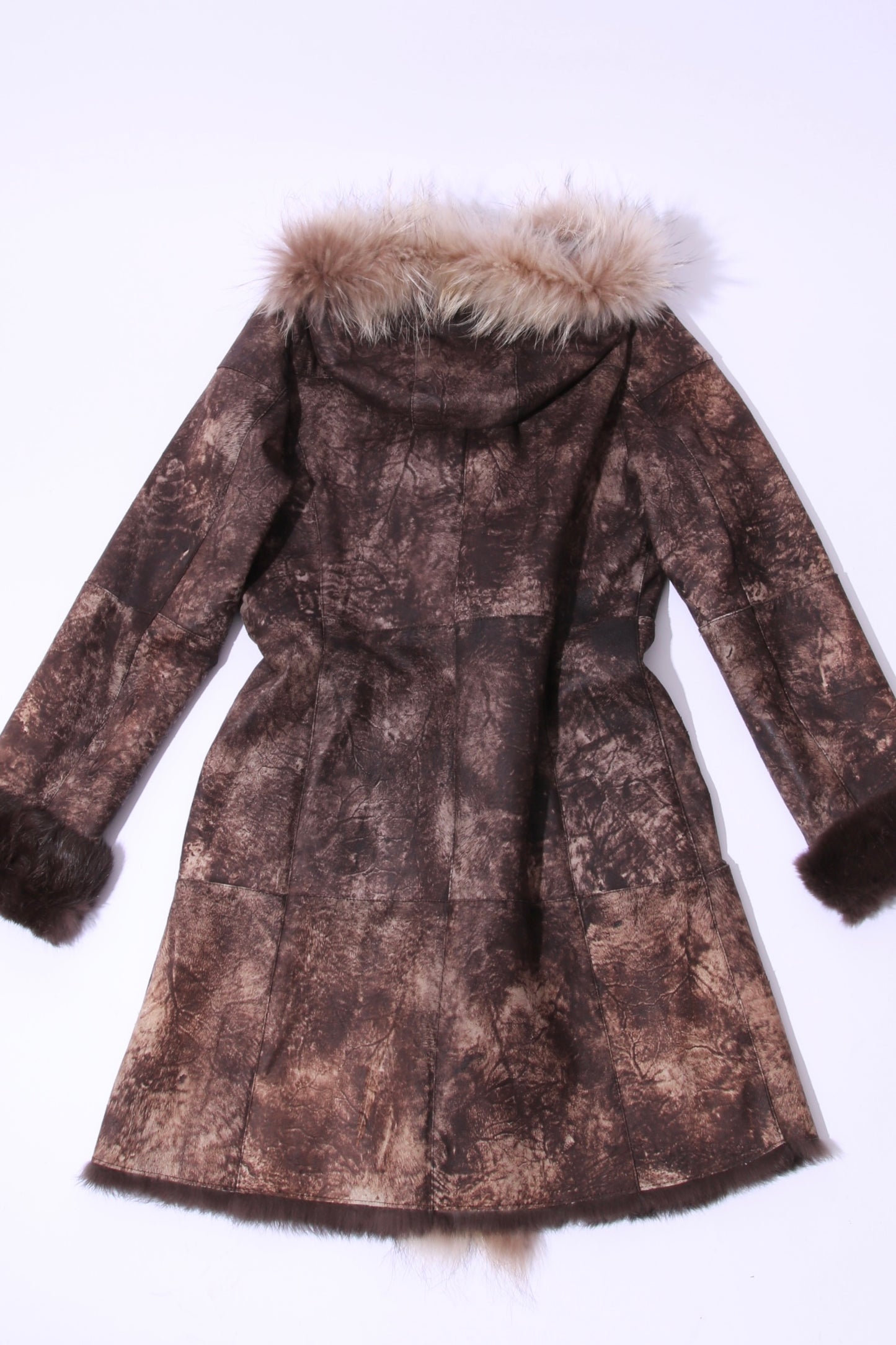 Printed leather long coat with inner rabbit fur and fur collar