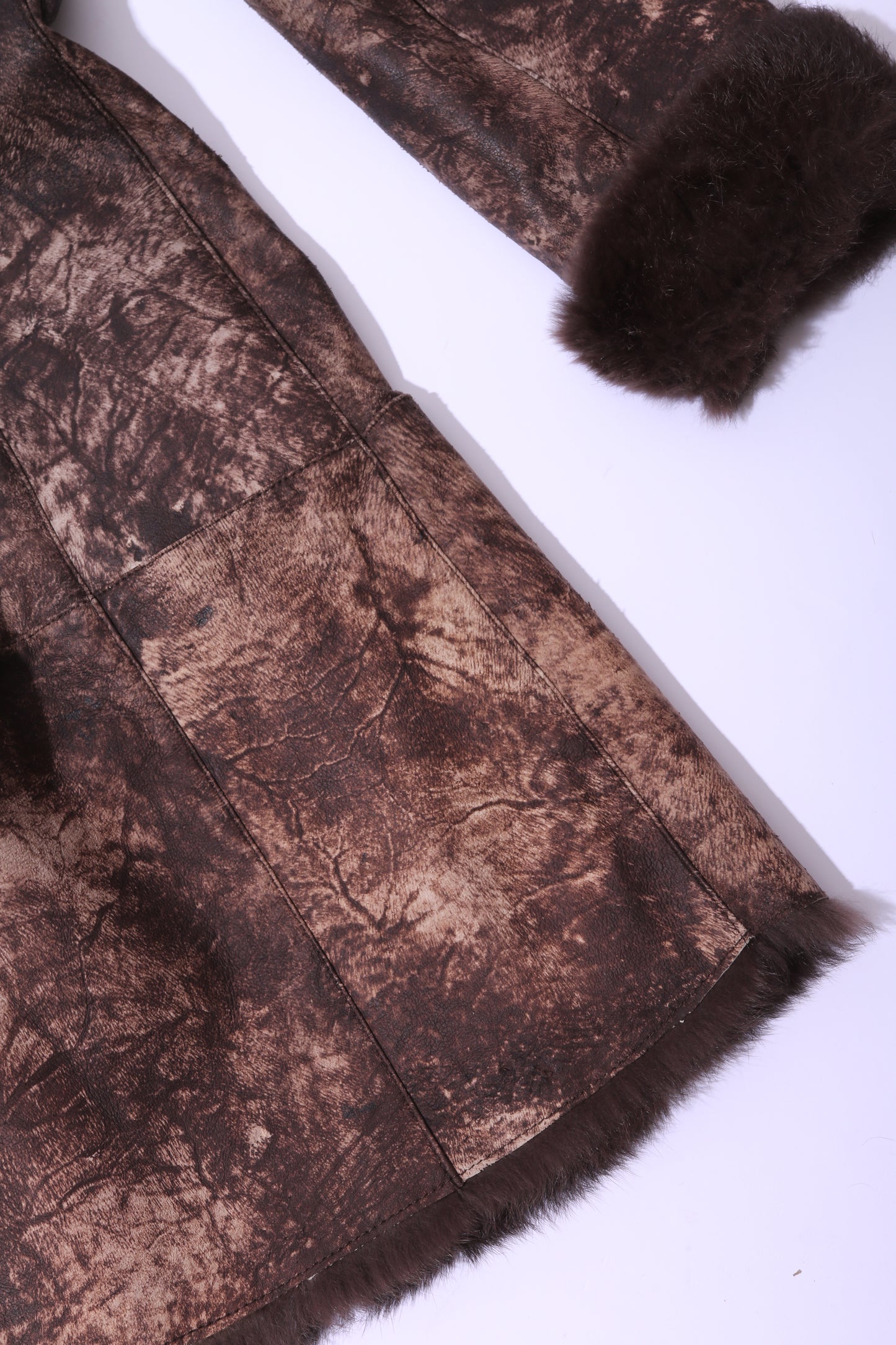 Printed leather long coat with inner rabbit fur and fur collar