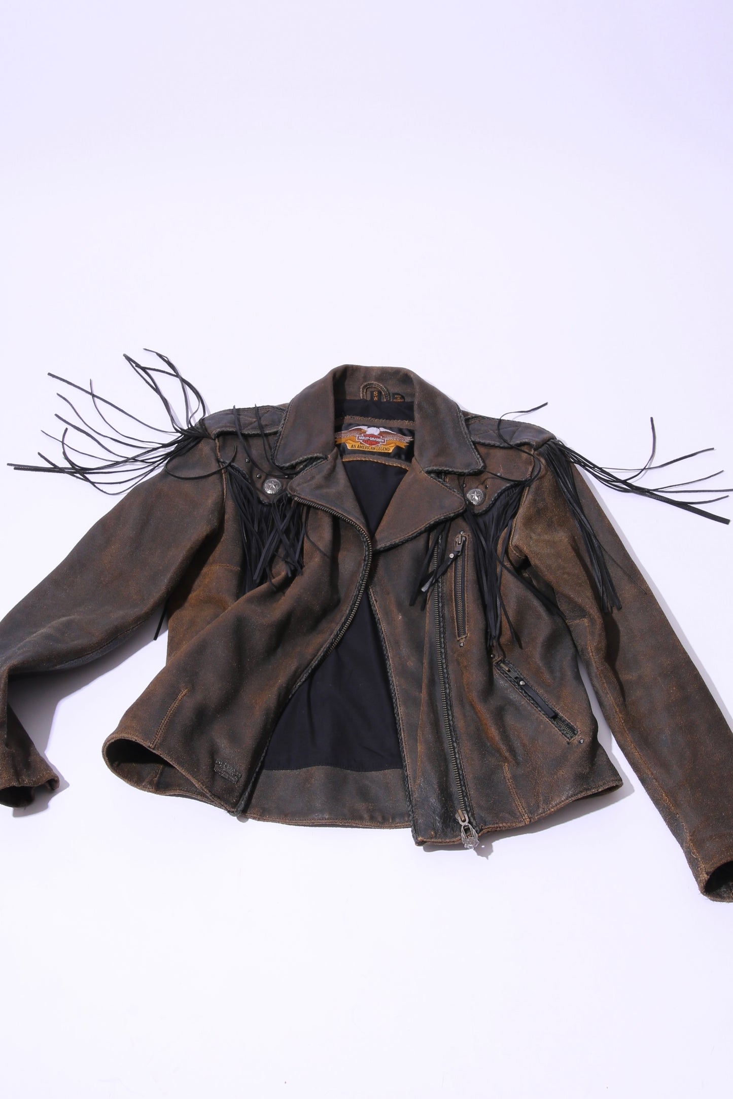 Harley Davidson fringes discarded heavy leather motor jacket with studs and metals