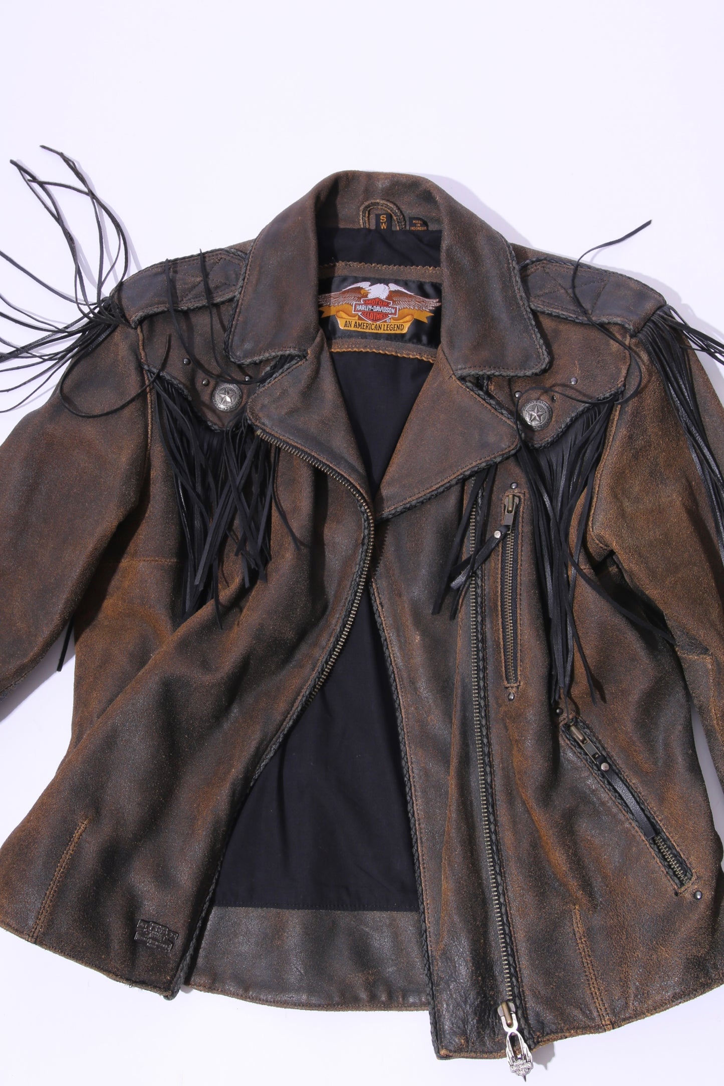 Harley Davidson fringes discarded heavy leather motor jacket with studs and metals