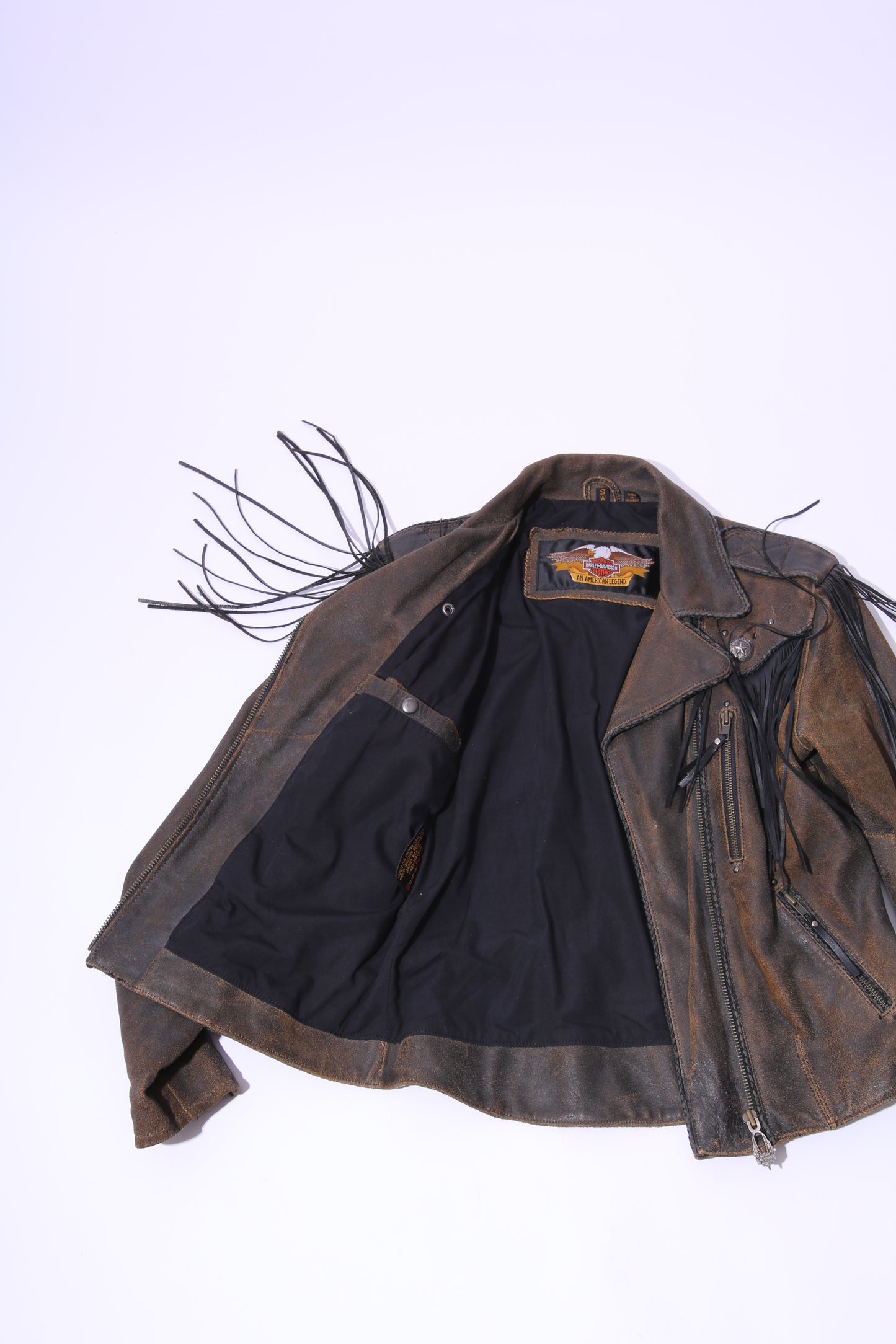 Harley Davidson fringes discarded heavy leather motor jacket with studs and metals