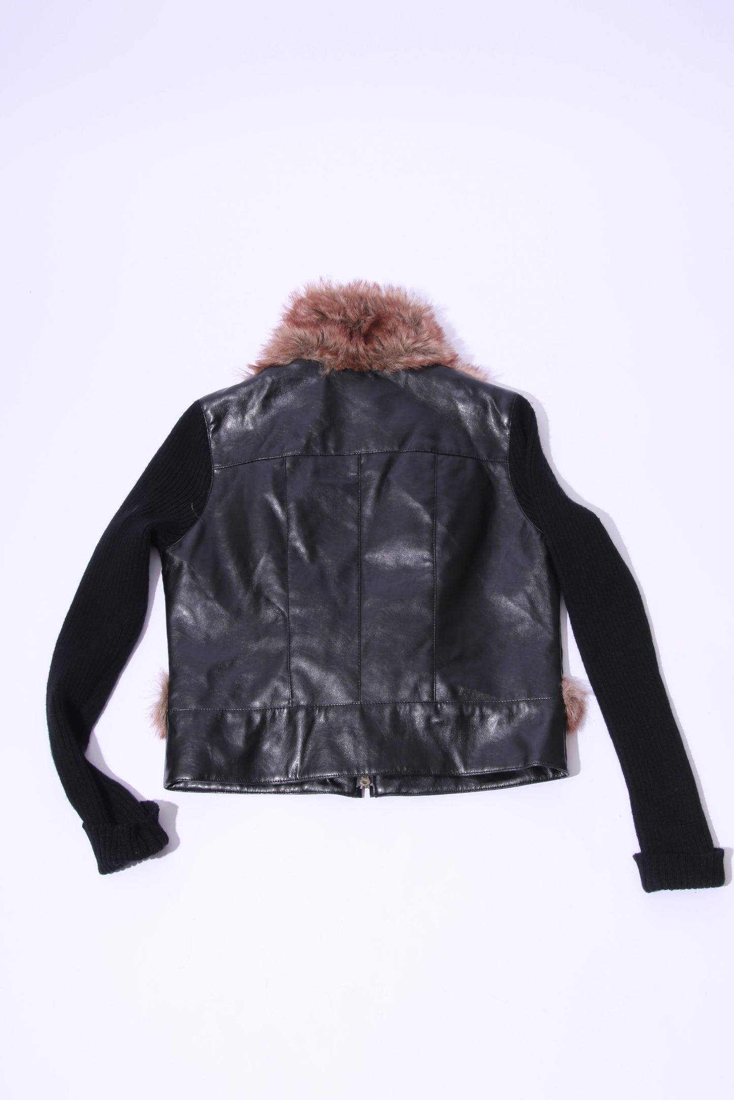 00's faux fur and leather jacket with knitted sleeves