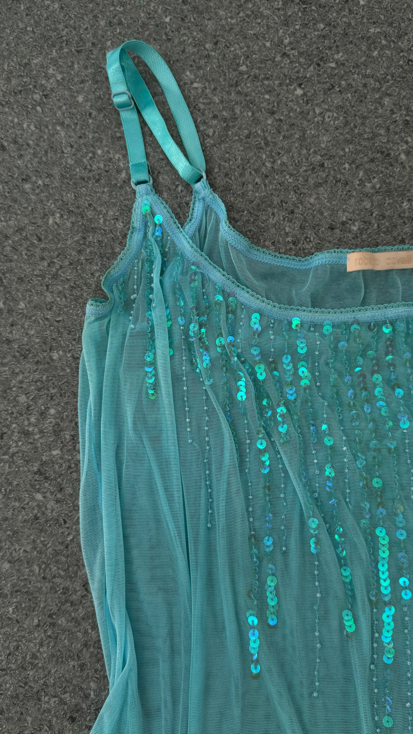 Roberto Cavalli cyan mesh cami with sequins