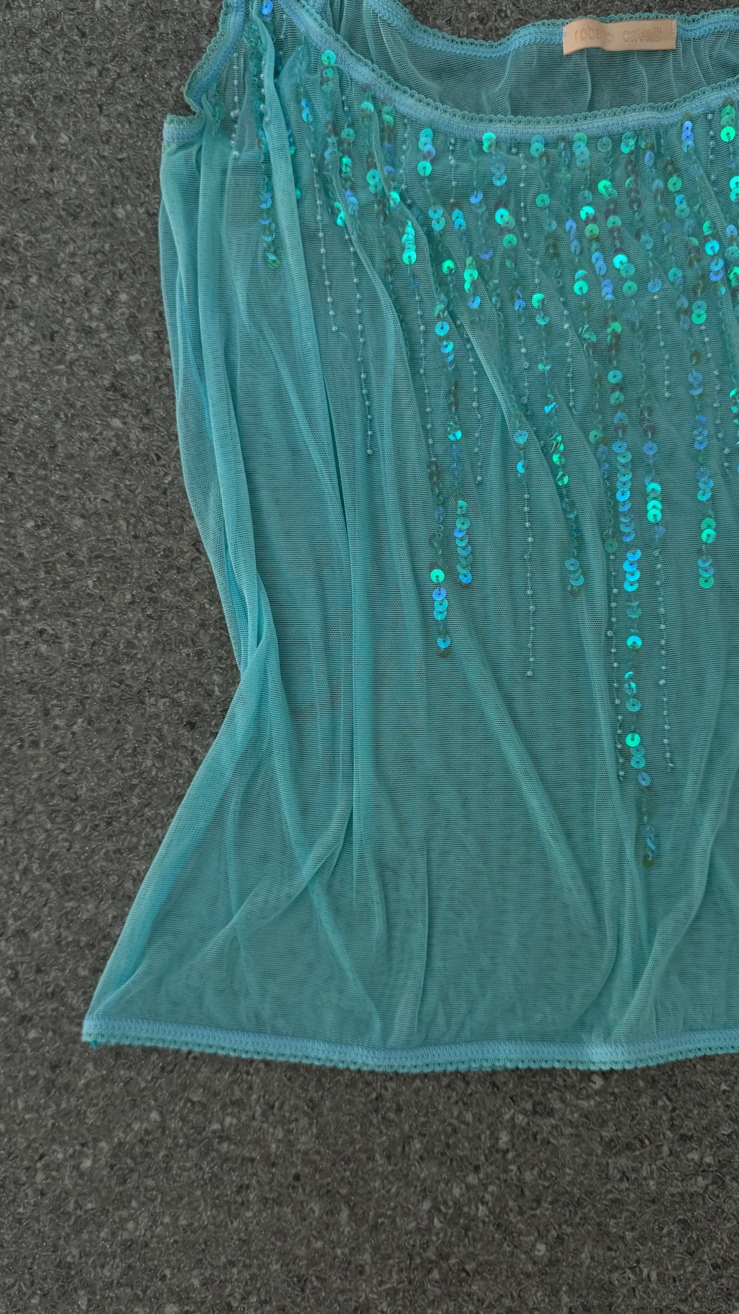 Roberto Cavalli cyan mesh cami with sequins