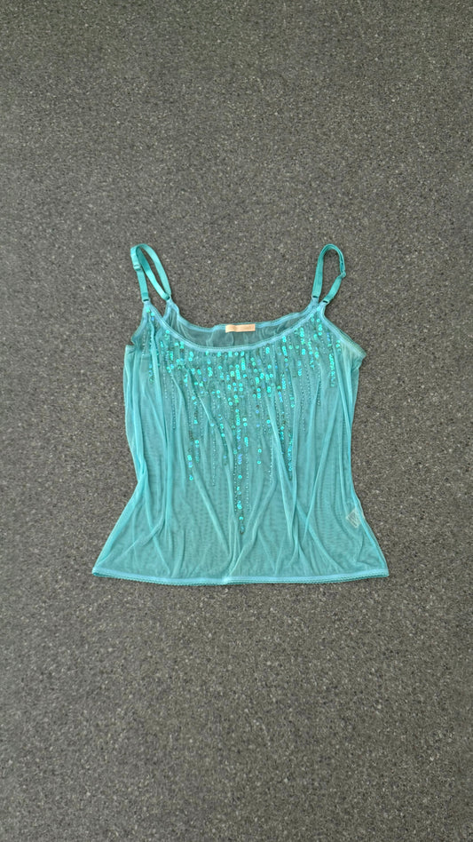 Roberto Cavalli cyan mesh cami with sequins