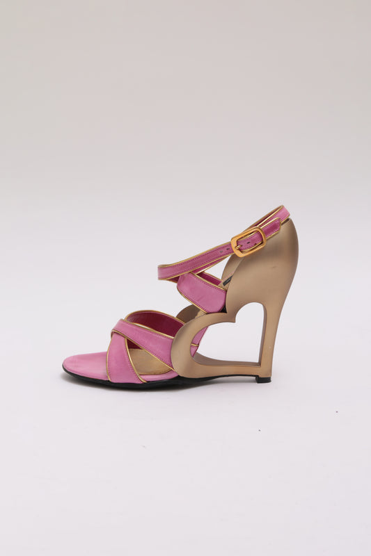 MARC JACOBS  pink leather and gold piping heart wedge ankle strap sandals