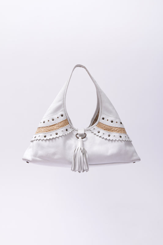 COCCINELLE white leather handbag with straw detail