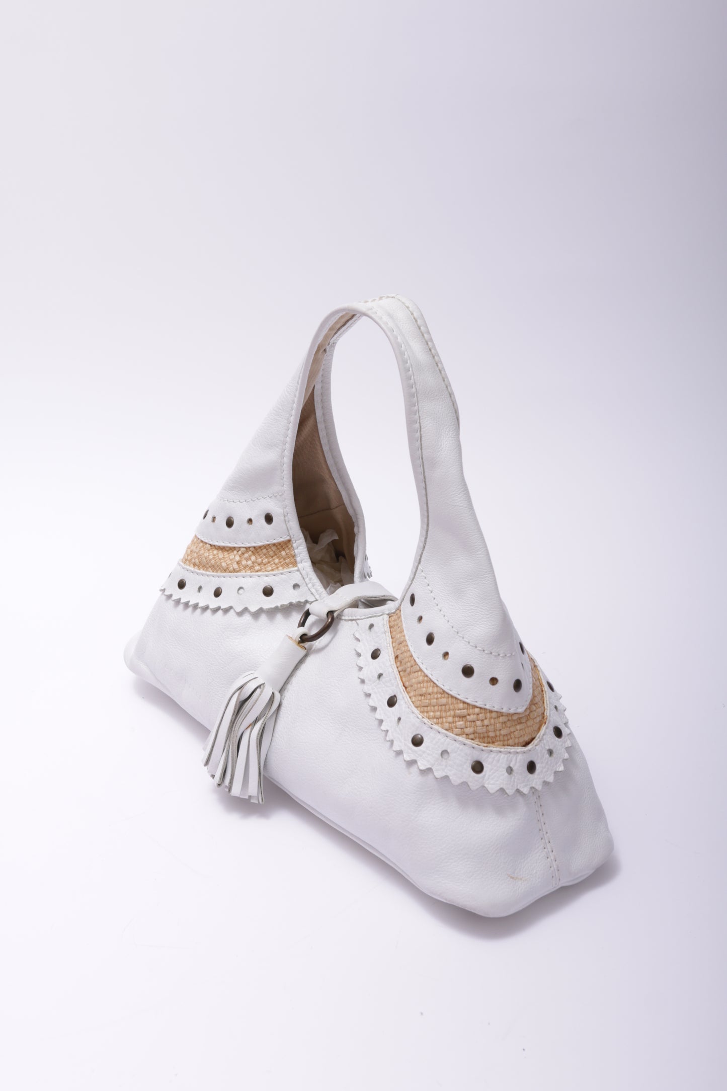 COCCINELLE white leather handbag with straw detail