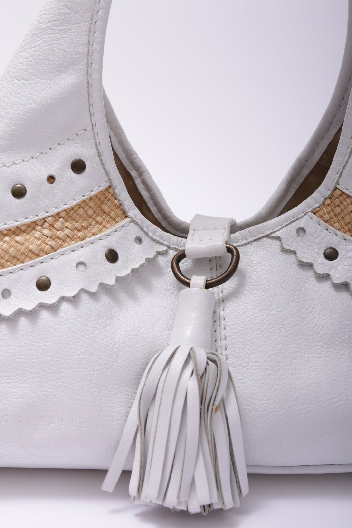 COCCINELLE white leather handbag with straw detail