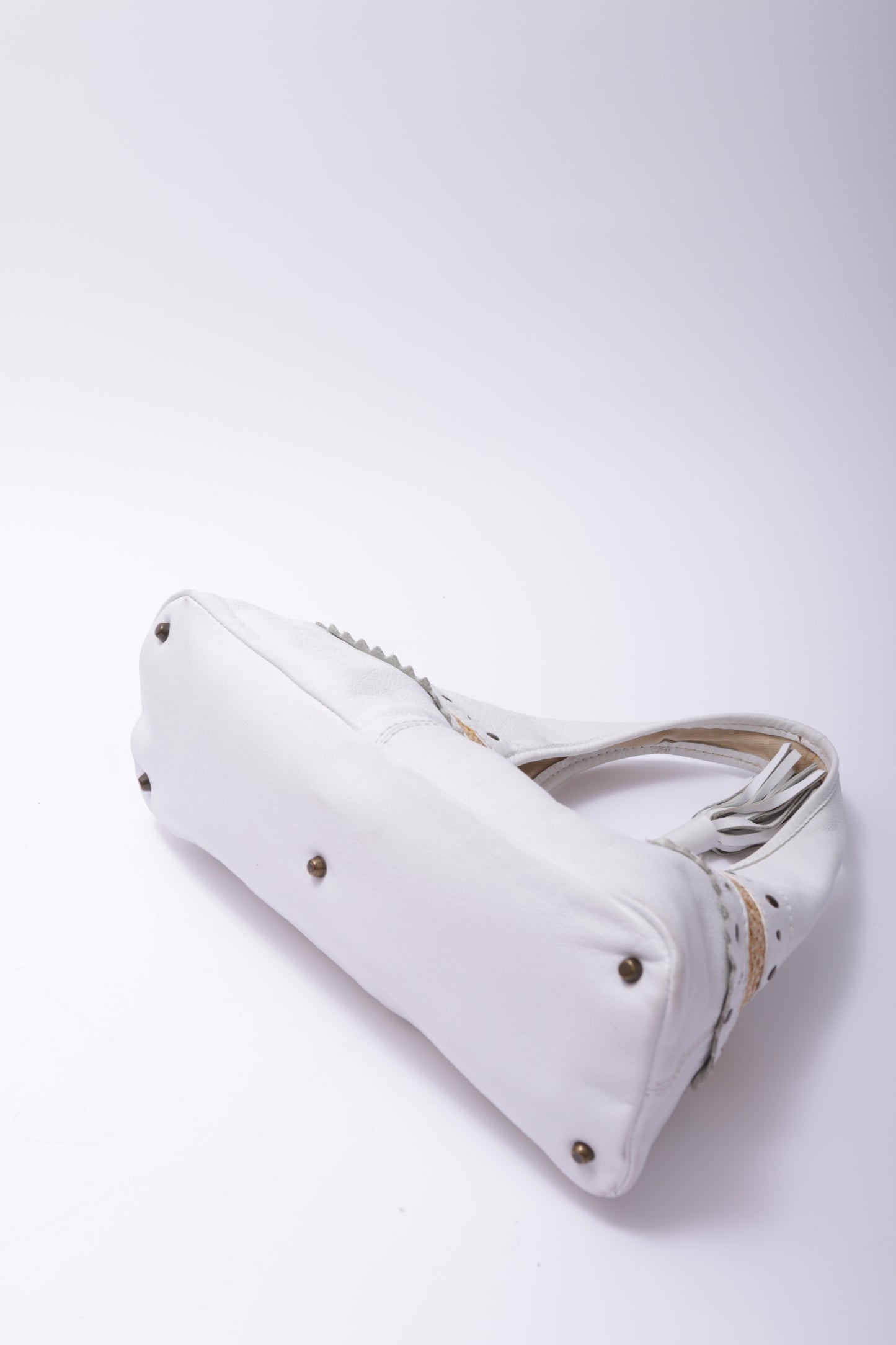 COCCINELLE white leather handbag with straw detail