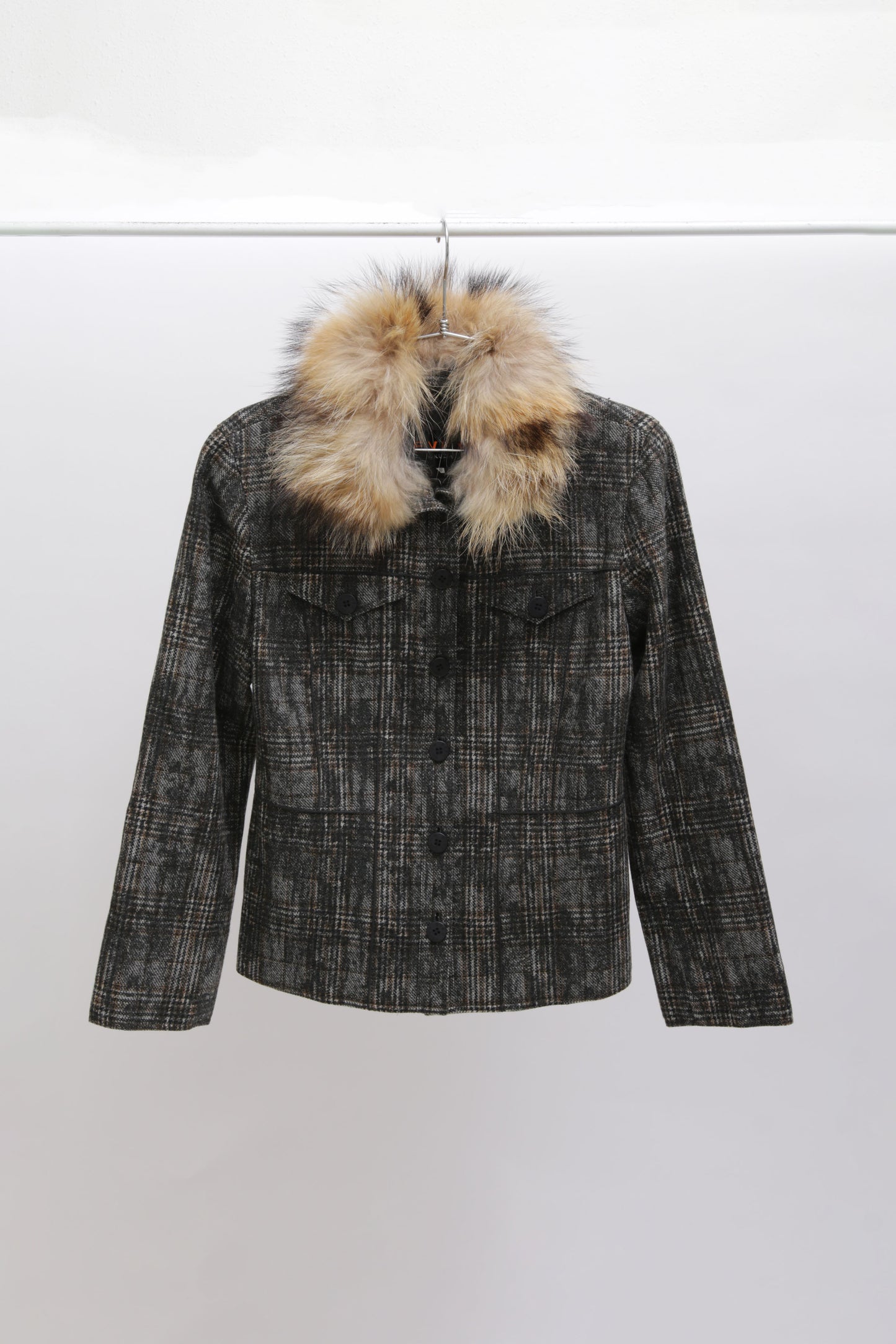 KRIZIA wool check jacket with fur collar