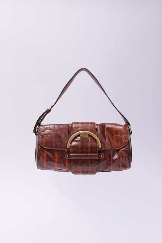 Sergio Rossi textured leather shoulder bag with big gold buckle