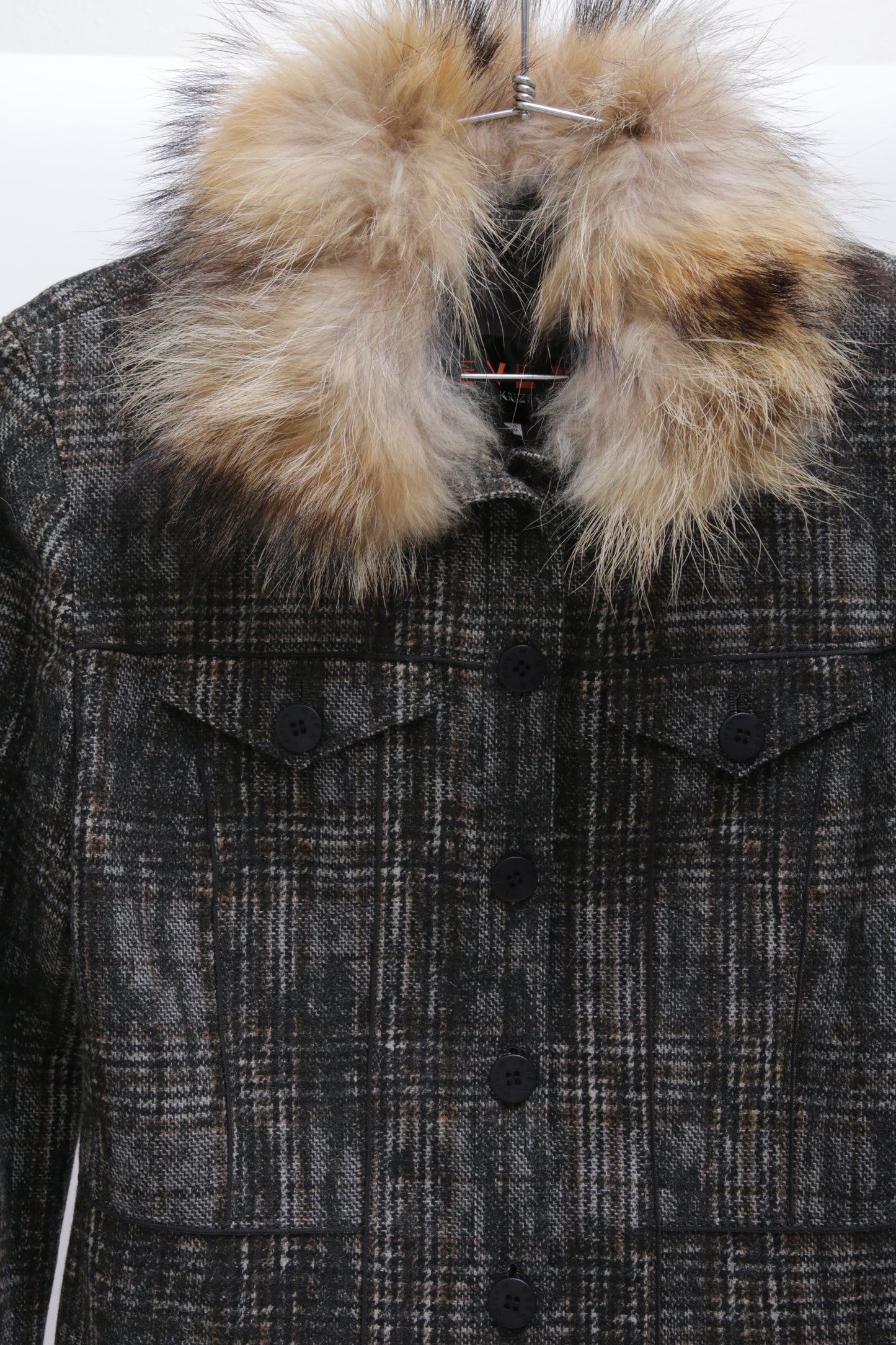 KRIZIA wool check jacket with fur collar