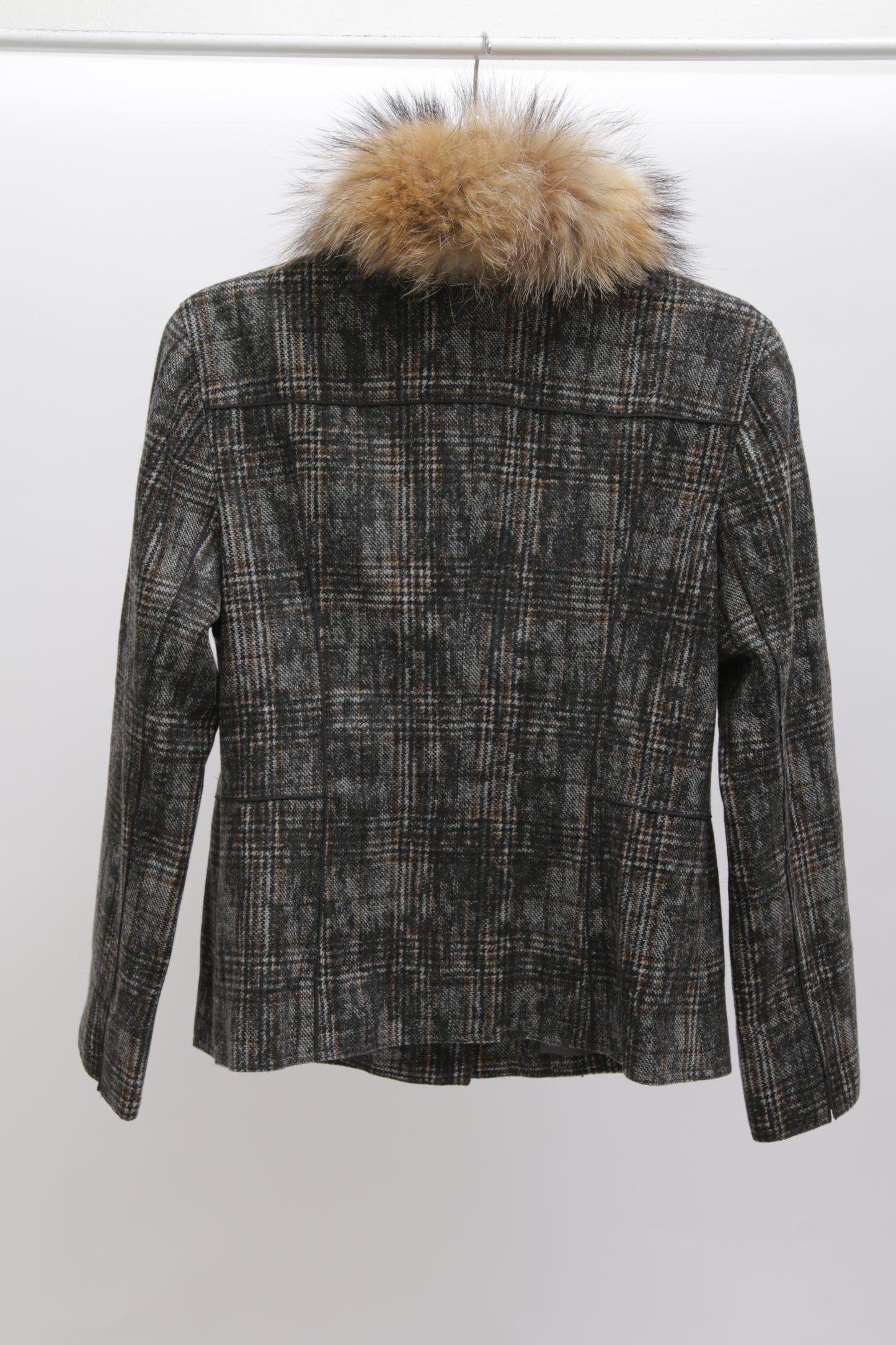 KRIZIA wool check jacket with fur collar