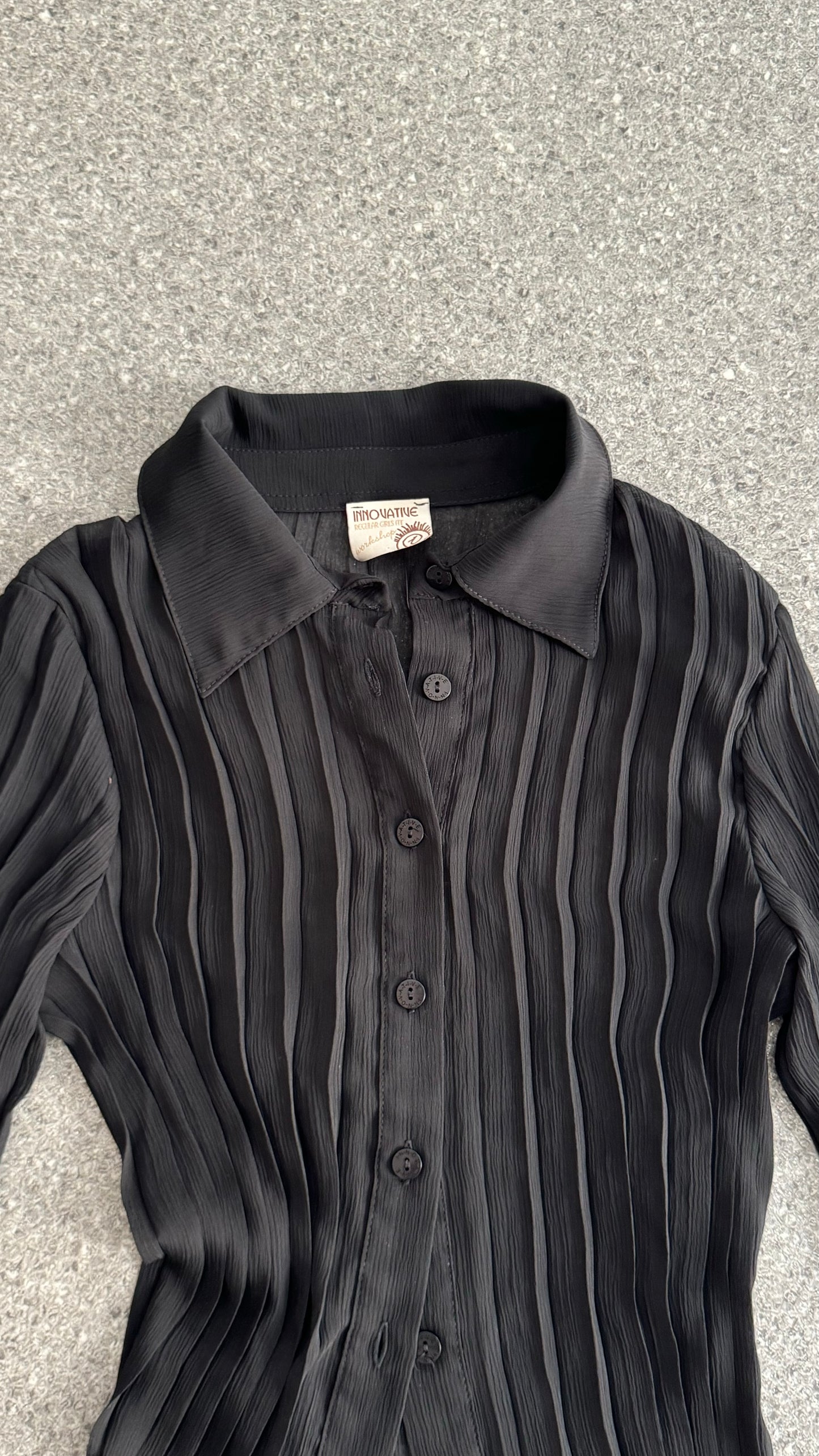 Long sleeve sheer pleated button up shirt