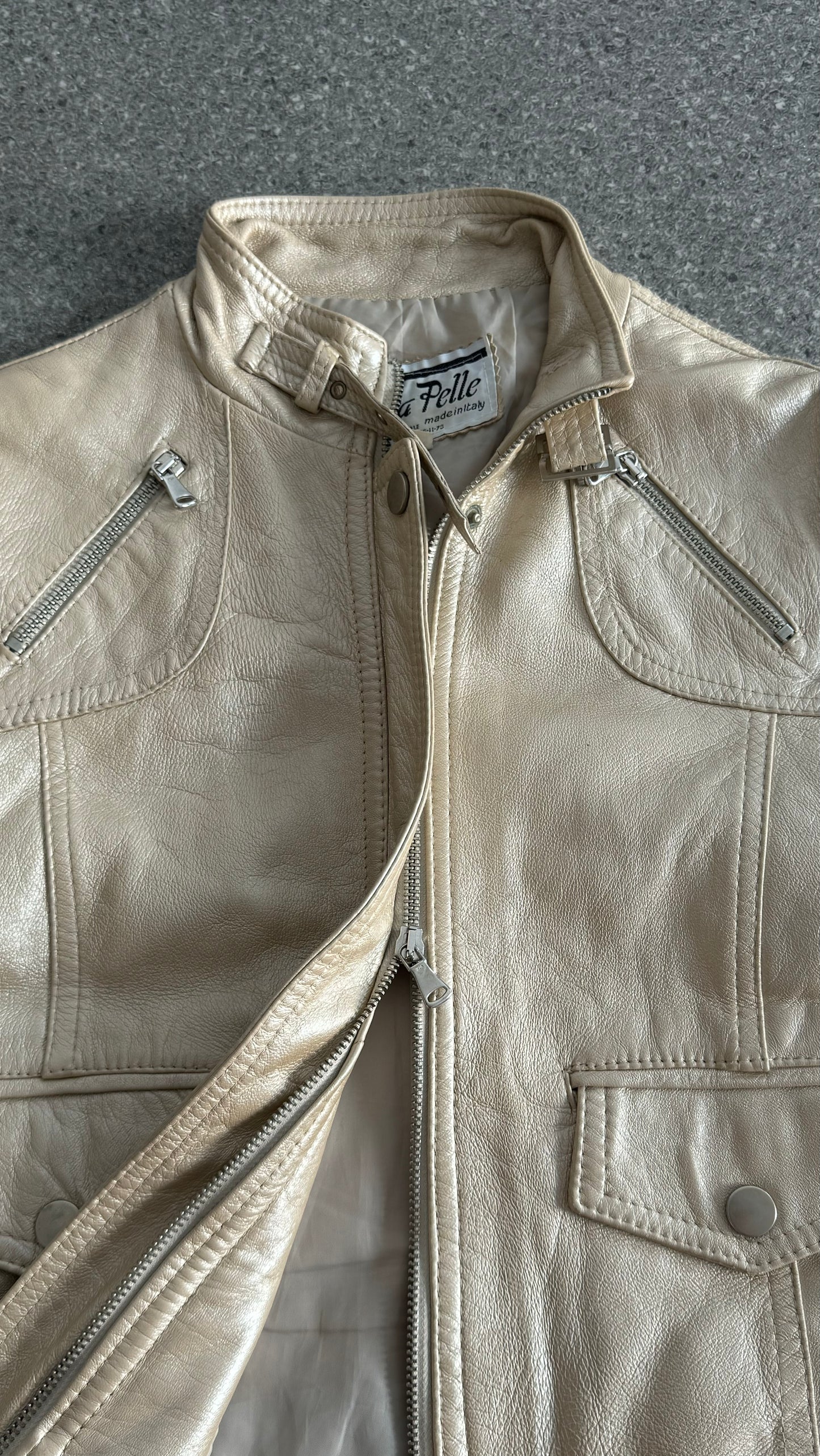 Leather biker jacket in light gold with double zipper