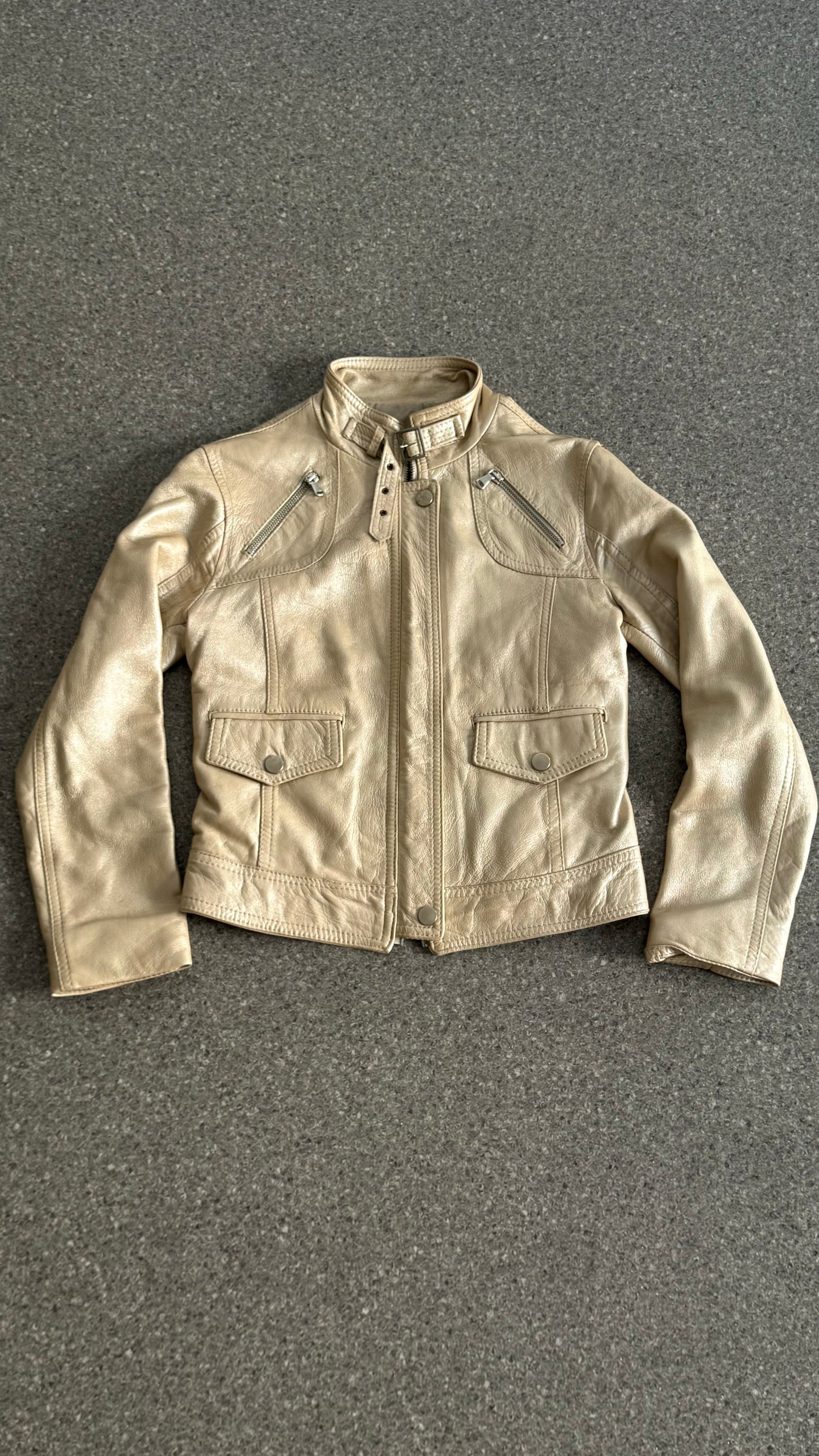 Leather biker jacket in light gold with double zipper