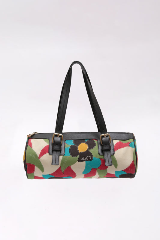 BALLY colorful floral canvas and chocolate brown leather rounded handbag