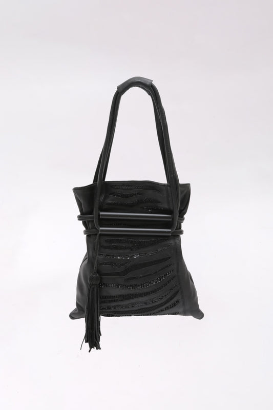 GAI MATTIOLO black leather handbag with beads and embroidered application