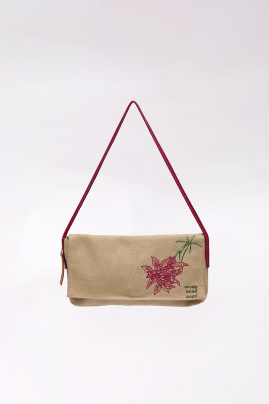 KOOKAI embroidered straw shoulder bag with pink leather handles