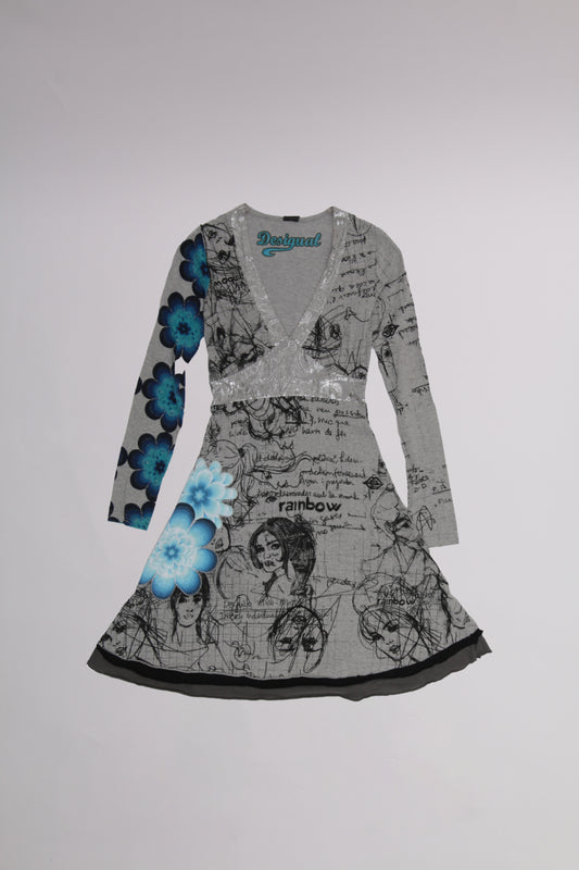 DESIGUAL grey printed dress with floral application